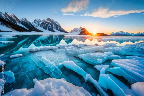 Colorful winter sunrise over the crystal blue ice of frozen Abraham Lake, Alberta, Canadian Rockies. The transparent cracked blue ice is shining through the sunlight