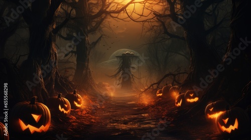 Creepy forest sunset with ghostly evil glowing eyes of Jack O'Lantern on a scary Halloween night