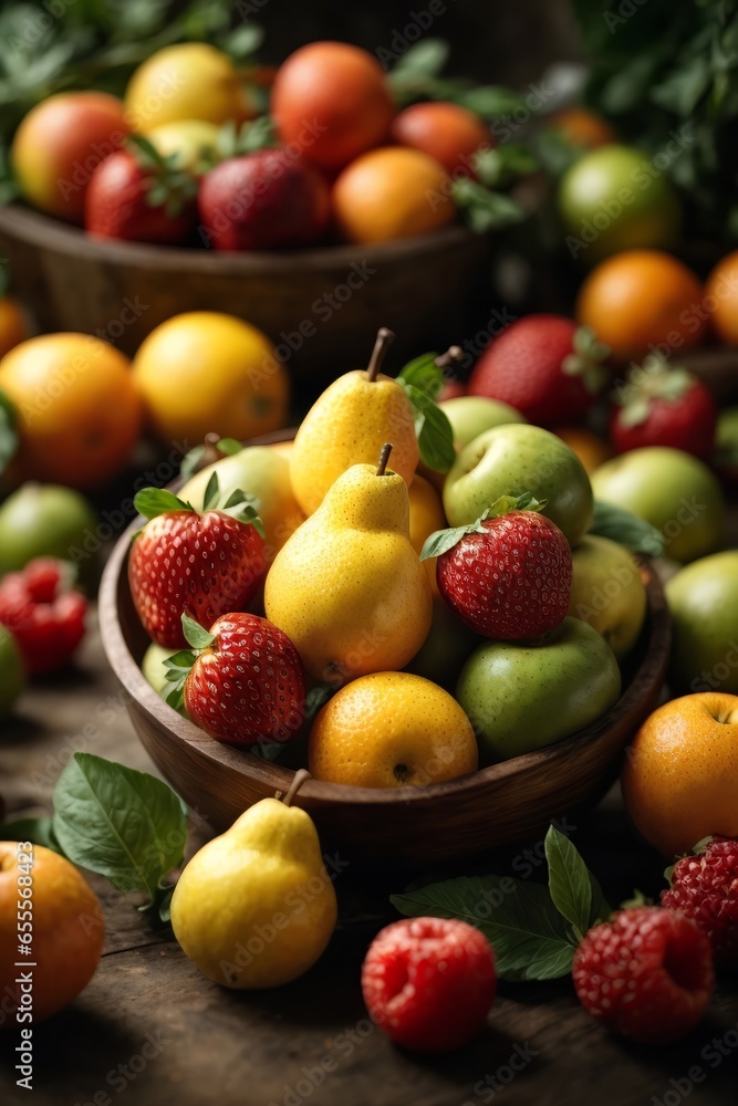 A rustic wooden bowl filled with a colorful assortment of fresh and vibrant fruit on a tabletop A rustic wooden bowl filled with a colorful assortment of fresh and vibrant fruit on a tabletop