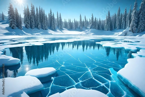 Cracks on the surface of the blue ice. Frozen lake in winter mountains. It is snowing. The hills of pines.