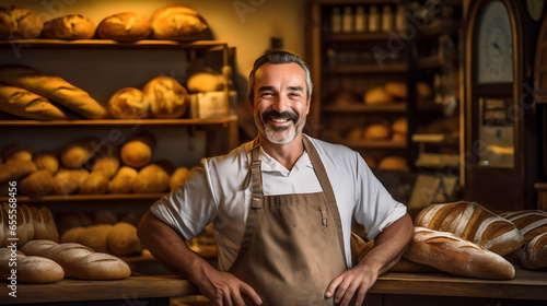 Boulanger en tenue de travail, souriant et heureux dans sa boulangerie