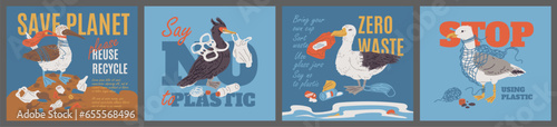 Plastic pollution posters set, flat vector illustration.
