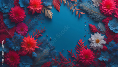 Winter background in blue with pink, purple, and blue flowers, and a center filled with cool colors. © JES ARB