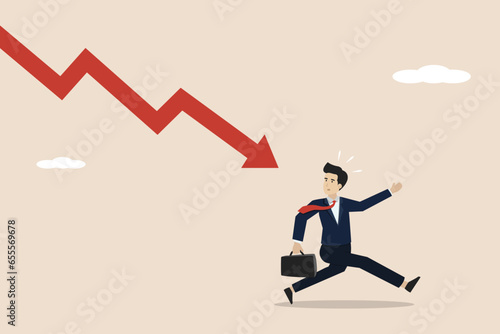 Business failure, investment loss or stock market crash, economic crisis, investment risk, failed businessman running away from falling arrow graph. Businessman illustration.