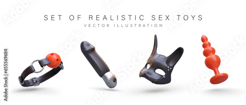 Collection of 3D images of sex toys. BDSM accessories. Red gag with strap, black leather mask, butt plug, vibrator. Color icons for sex shop categories