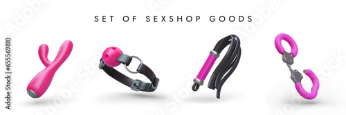 Set of sex shop goods. Black and pink realistic images. Double vibrator, gag, whip, handcuffs. Accessories for adult games, BDSM. Isolated vector illustration on white background