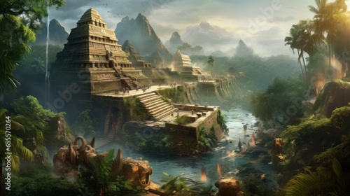 Ancient Mayan City with pyramids photo
