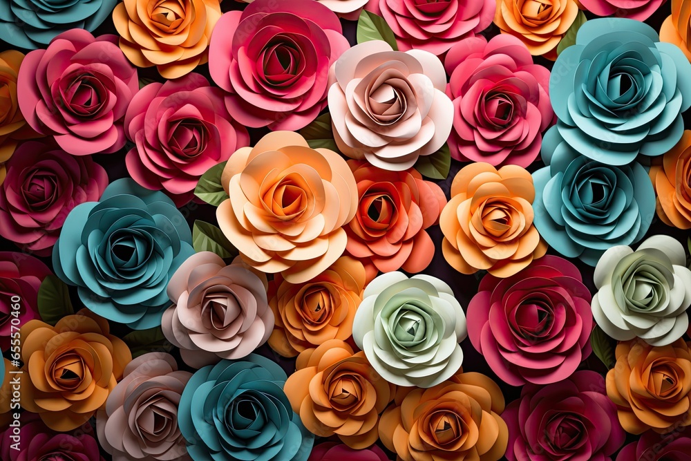 Colorful paper rose flowers as a background, 3d render illustration, Backdrop of colorful paper roses, AI Generated