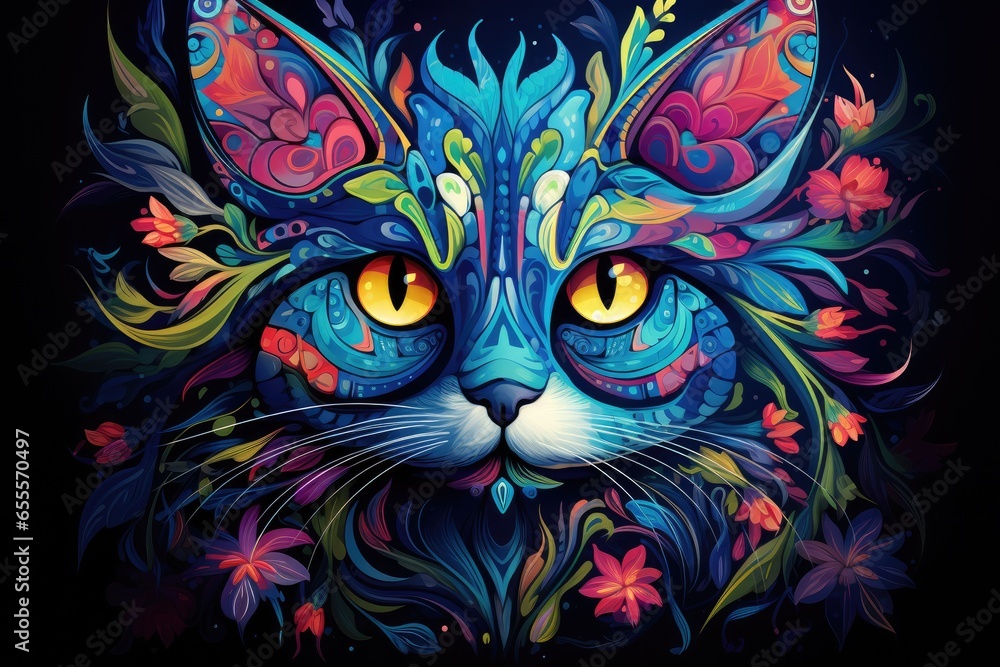 Colorful cat with floral ornament on black background. illustration. background with a cat color art, AI Generated