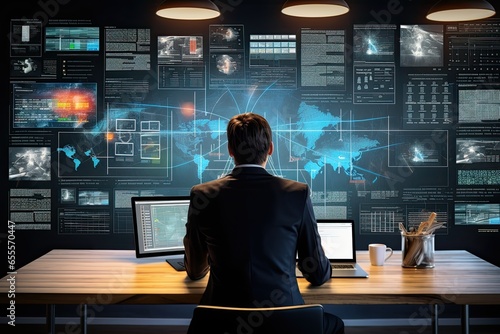 Rear view of businessman sitting at table in office and looking at screen, Back view of businessman working with virtual panel and infographs at background, AI Generated