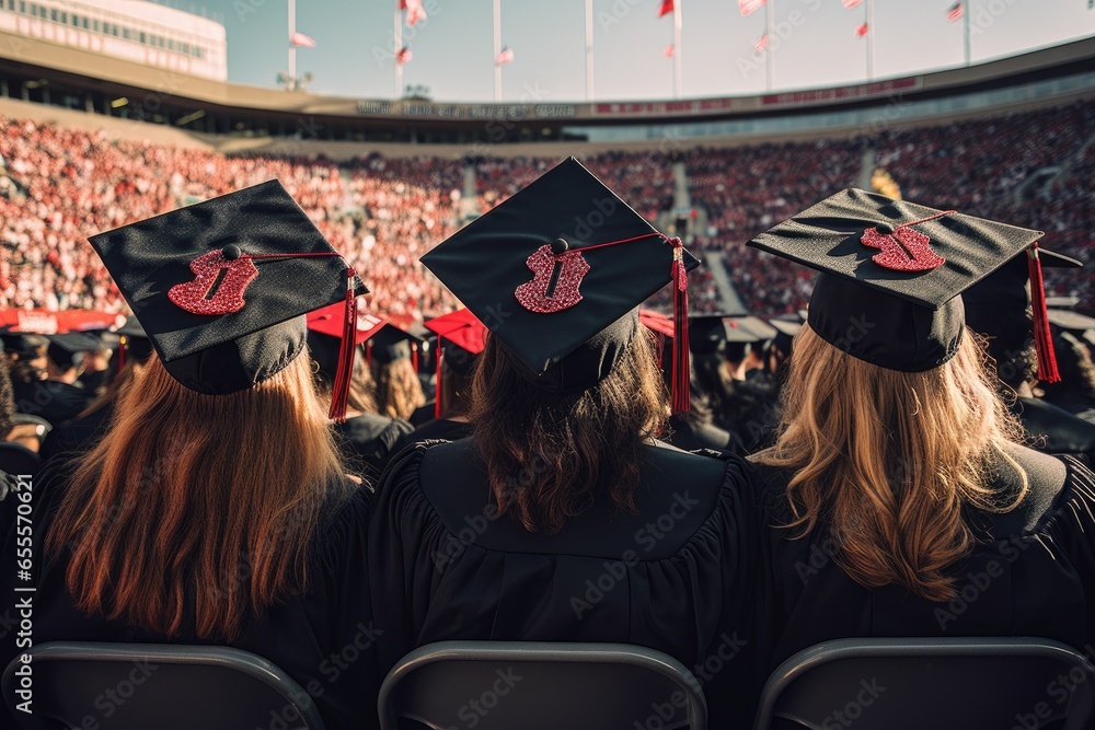 Obraz premium back view of students in graduation caps looking at camera in sports arena, backside graduation hats during commencement success, AI Generated