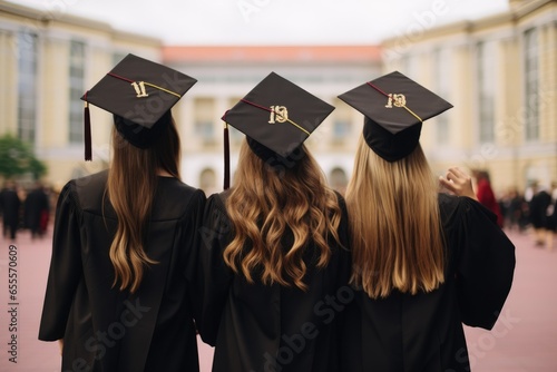 back view of three girls in graduation gowns standing on the stairs, backside graduation hats during commencement success, AI Generated