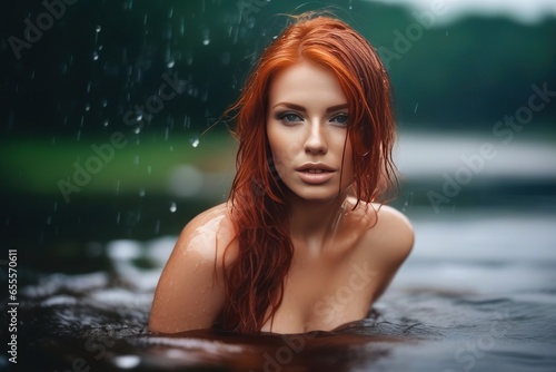 Portrait of beautiful sexy redhead green eyes wet woman like a mermaid in the water on the rain. Generative AI