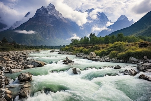 Mountain river in the Himalayas, Nepal. The concept of active and photo tourism, Baishui River Baishui Tai or White Water River at Jade Dragon Snow Mountain Yulong mountain in Yunnan, AI Generated