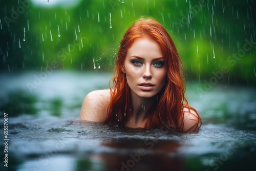 Portrait of beautiful sexy redhead green eyes wet woman like a mermaid in the water on the rain. Generative AI