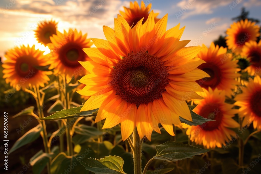 close-up of radiant sunflowers in a farm