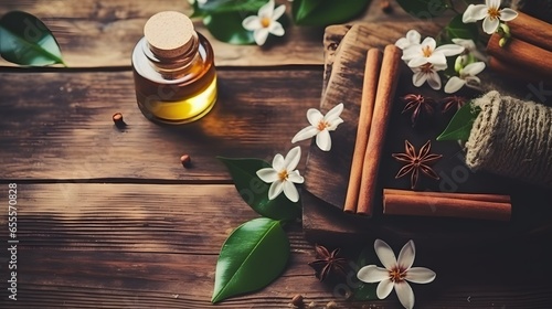 Top view of essential oils with jasmine, cinnamon and vanilla on rustic wooden table, retro style. Spa and wellness aromatherapy treatment. Asian massage and skin care background design. © Lucky Ai