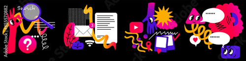 Social networks concept. Set.  Internet search. Entertaining content - Video, photo, music. Chat, messaging, texting, call. Inbox message. Abstract cute geometric elements. Vector doodle illustration