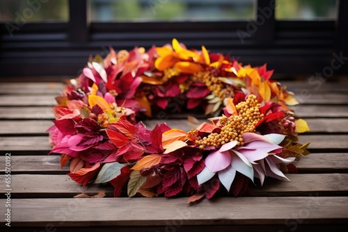 wreath made with colorful autumn foliage on a wooden platform