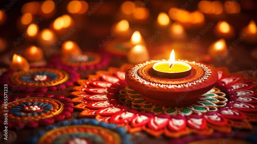 Happy Diwali background with beautiful Diya and colorful rangoli - ai generative - obrazy, fototapety, plakaty 