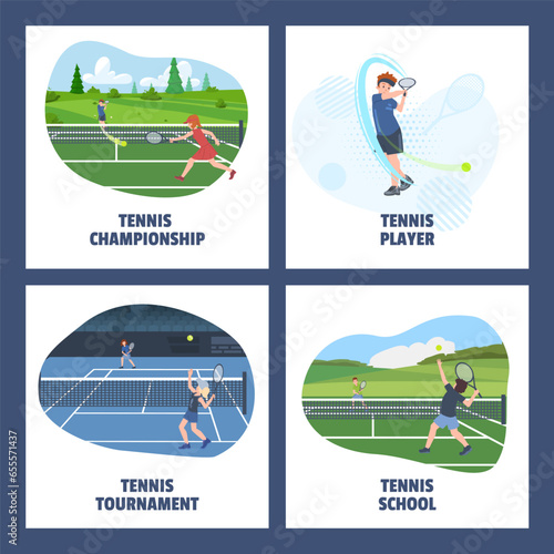 Set of vector illustrations of people  women men in a sports uniform play in tennis on the court  catches or hits the ball with a racket  isolated on white background