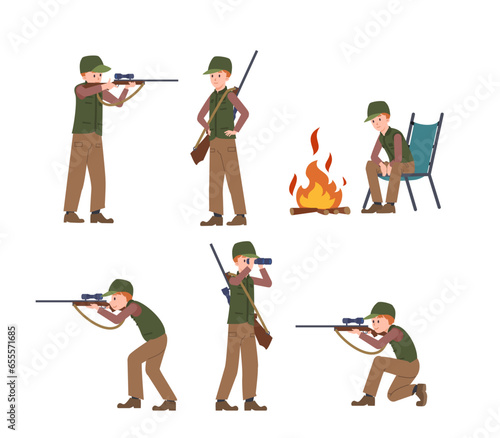 Vector set cartoon characters of hunters with shotgun, binoculars in action poses, man hunting, shooting with weapon