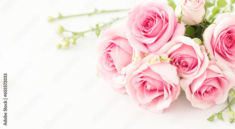 Beautiful bouquet of fresh roses, on a white background, space for text. Generative AI.