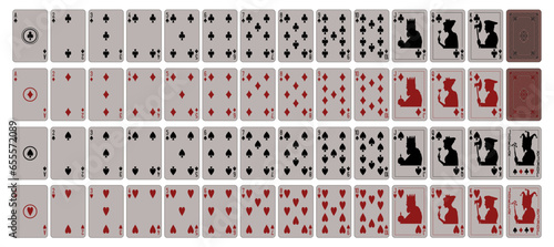 Playing cards for gambling (poker, bridge), a complete deck of 52 cards plus two. Ace, King, Queen, Jack and Joker and 4 suits spades, hearts, diamonds, clubs. Vintage old paper pastel tones.