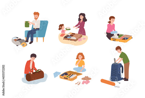Set of people packing suitcases, cartoon flat vector illustration isolated on white background.