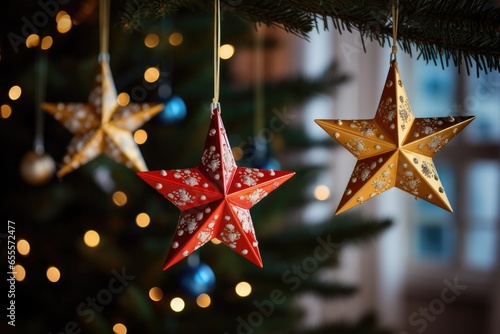 star-shaped ornaments hanging from a christmas tree