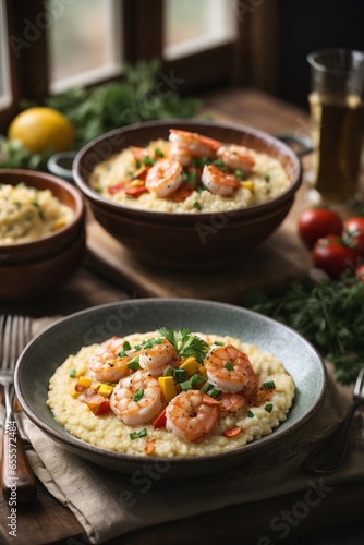 A delicious plate of shrimp and grits served with a refreshing glass of beer