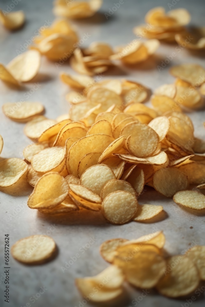 A stack of crispy potato chips on a wooden table A stack of crispy potato chips on a wooden table