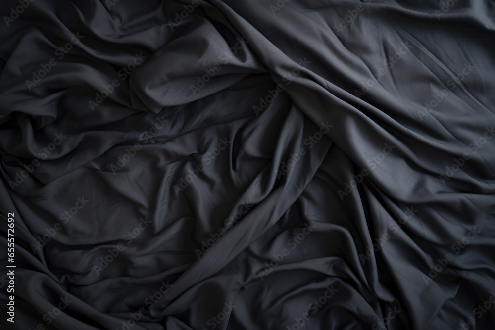 Top view of an unmade black bed with a crumpled sheet