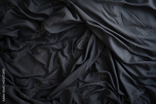 Top view of an unmade black bed with a crumpled sheet