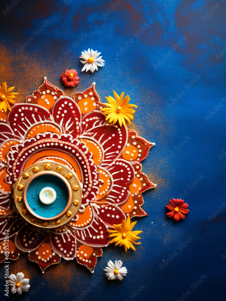 Happy Diwali background with beautiful Diya and colorful rangoli top view - ai generative - obrazy, fototapety, plakaty 