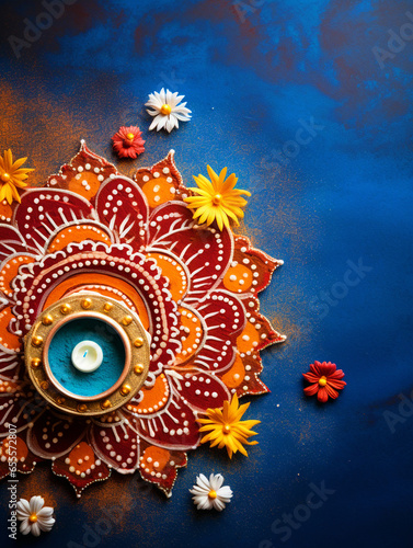 Happy Diwali background with beautiful Diya and colorful rangoli top view - ai generative