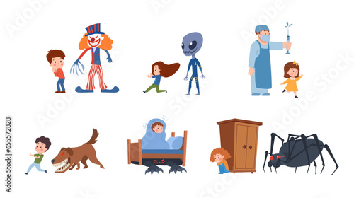 Set of vector illustrations of frightened children who are afraid clown with claw, huge black spider, monster and dog with red eyes, alien and evil doctor, fears concept isolated on white background