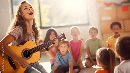 Happy woman teacher playing acoustic guitar and singing with preschool student during music class © AspctStyle