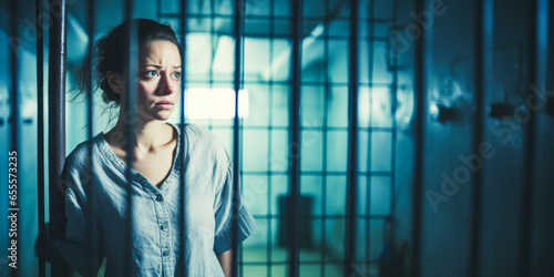 Haunting image of a woman behind bars in a female prison. photo