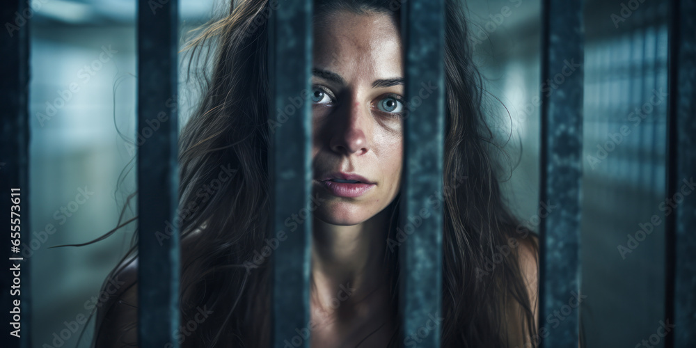 Moving closeup of a solitary female prisoner behind bars. Moving closeup of a solitary female prisoner behind bars.