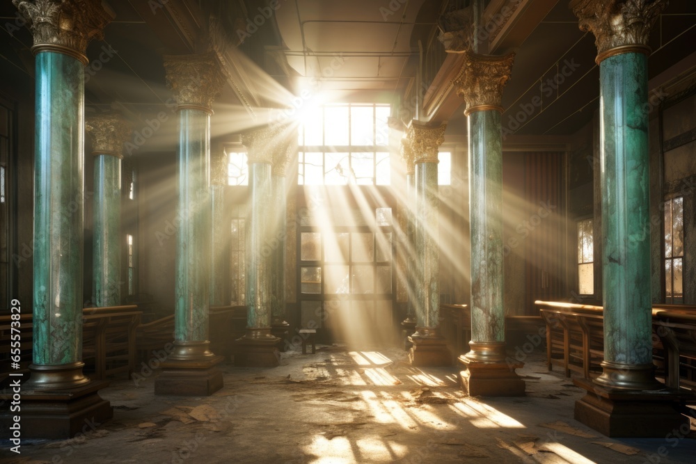 Fototapeta premium light pouring through windows onto ornate office columns