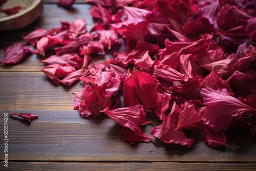 close-up shot of scattered dry hibiscus petals on a rustic wooden table