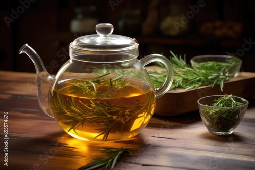 glass teapot with steeping rosemary tea on a wooden table