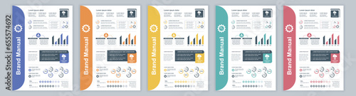 DIN A3 business brand manual templates set. Company identity brochure page with infographic financial data. Marketing research, and commercial offer. Vector layout design for poster, cover, brochure