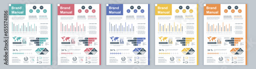 DIN A3 business brand manual templates set. Company identity brochure page with infographic financial data. Marketing research, and commercial offer. Vector layout design for poster, cover, brochure