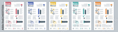 DIN A3 business brand manual templates set. Company identity brochure page with infographic financial data. Marketing research, and commercial offer. Vector layout design for poster, cover, brochure