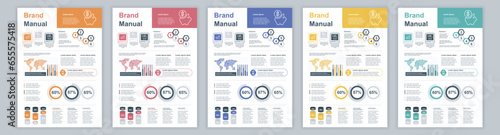 DIN A3 business brand manual templates set. Company identity brochure page with infographic financial data. Marketing research, and commercial offer. Vector layout design for poster, cover, brochure