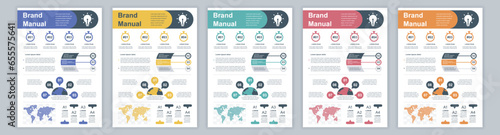 DIN A3 business brand manual templates set. Company identity brochure page with infographic financial data. Marketing research, and commercial offer. Vector layout design for poster, cover, brochure