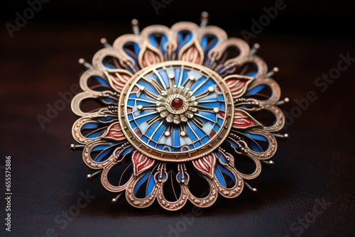 Photographie close-up of an enamel brooch with intricate design