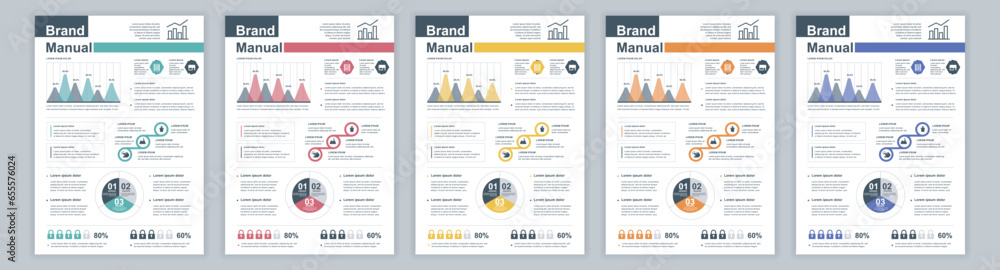 DIN A3 business brand manual templates set. Company identity brochure page with infographic financial data. Marketing research, and commercial offer. Vector layout design for poster, cover, brochure - obrazy, fototapety, plakaty 
